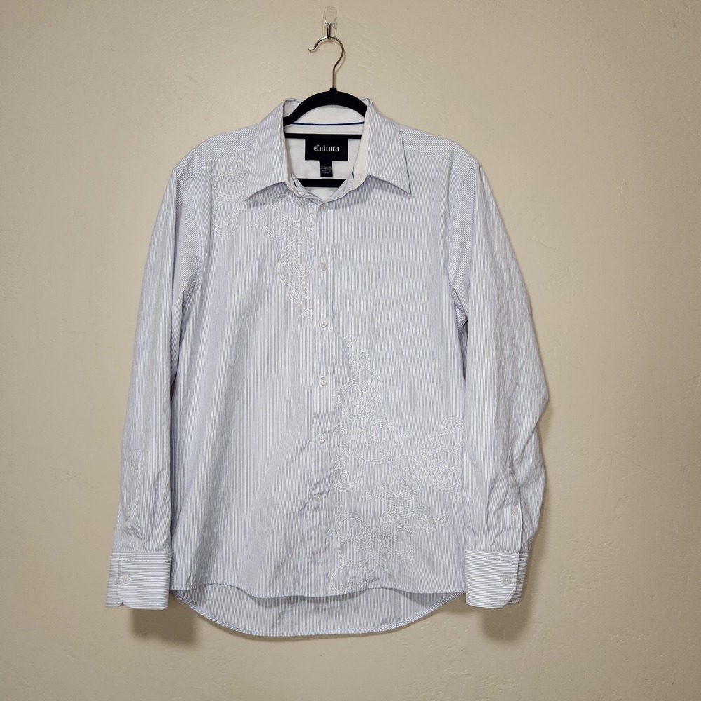 Cultura White Pinstripe Long Sleeve Button Up‎ Embroidered Mens Size Large